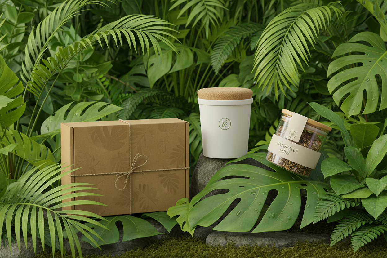 green background, plants + your packaging